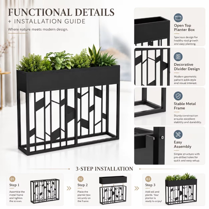 Matzwarte metalen plantenbak 8 - Room Divider Bamboo recensie en prijs